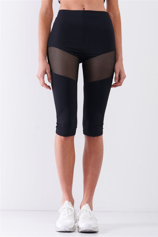 Black High Waist Sheer Mesh Sports Midi Legging Pants