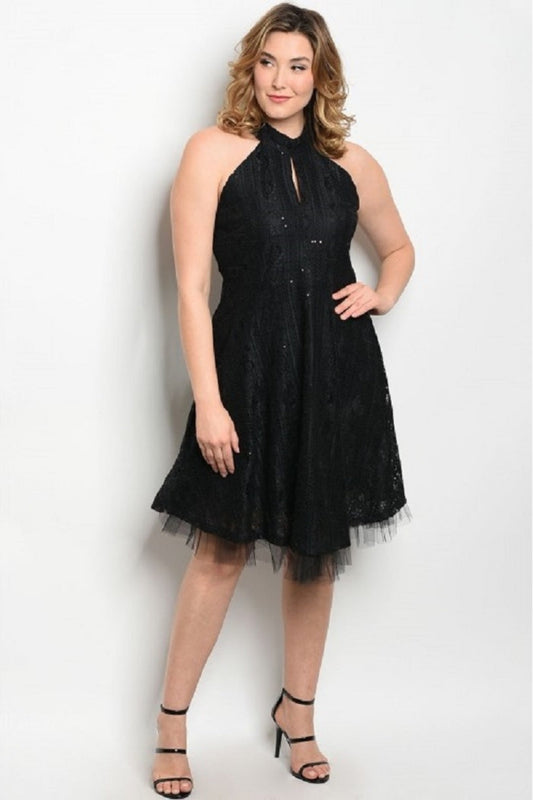 Black Lace Sequin Short Dress