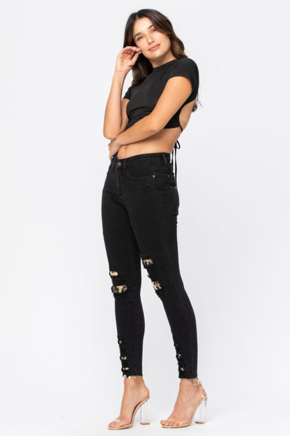 Black Leopard Patch Skinny Jeans