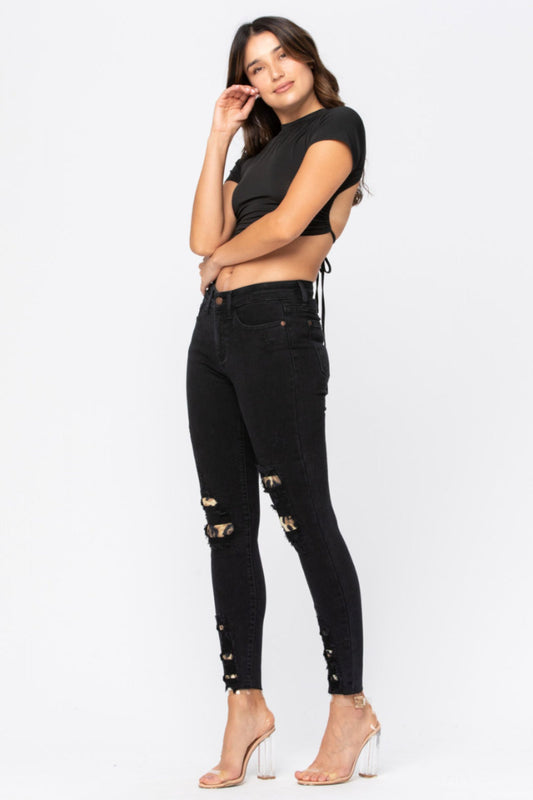 Black Leopard Patch Skinny Jeans