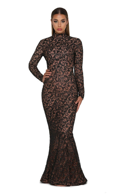 Black Long Sleeve Glitter Long Formal Dress With Detachable Train