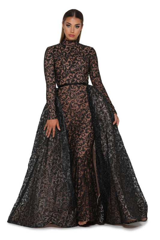 Black Long Sleeve Glitter Long Formal Dress With Detachable Train