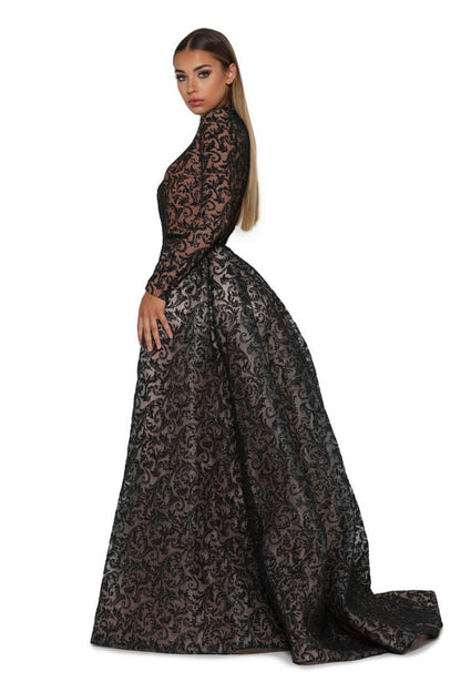 Black Long Sleeve Glitter Long Formal Dress With Detachable Train