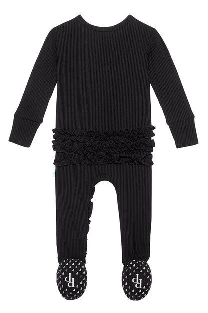 Black Ribbed Ruffle Zipper Footie