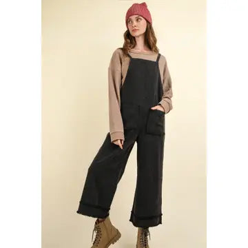 Black Washed Cotton Twill Solid Overalls Jumpsuit