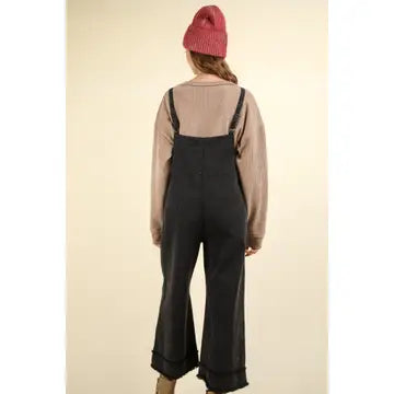 Black Washed Cotton Twill Solid Overalls Jumpsuit