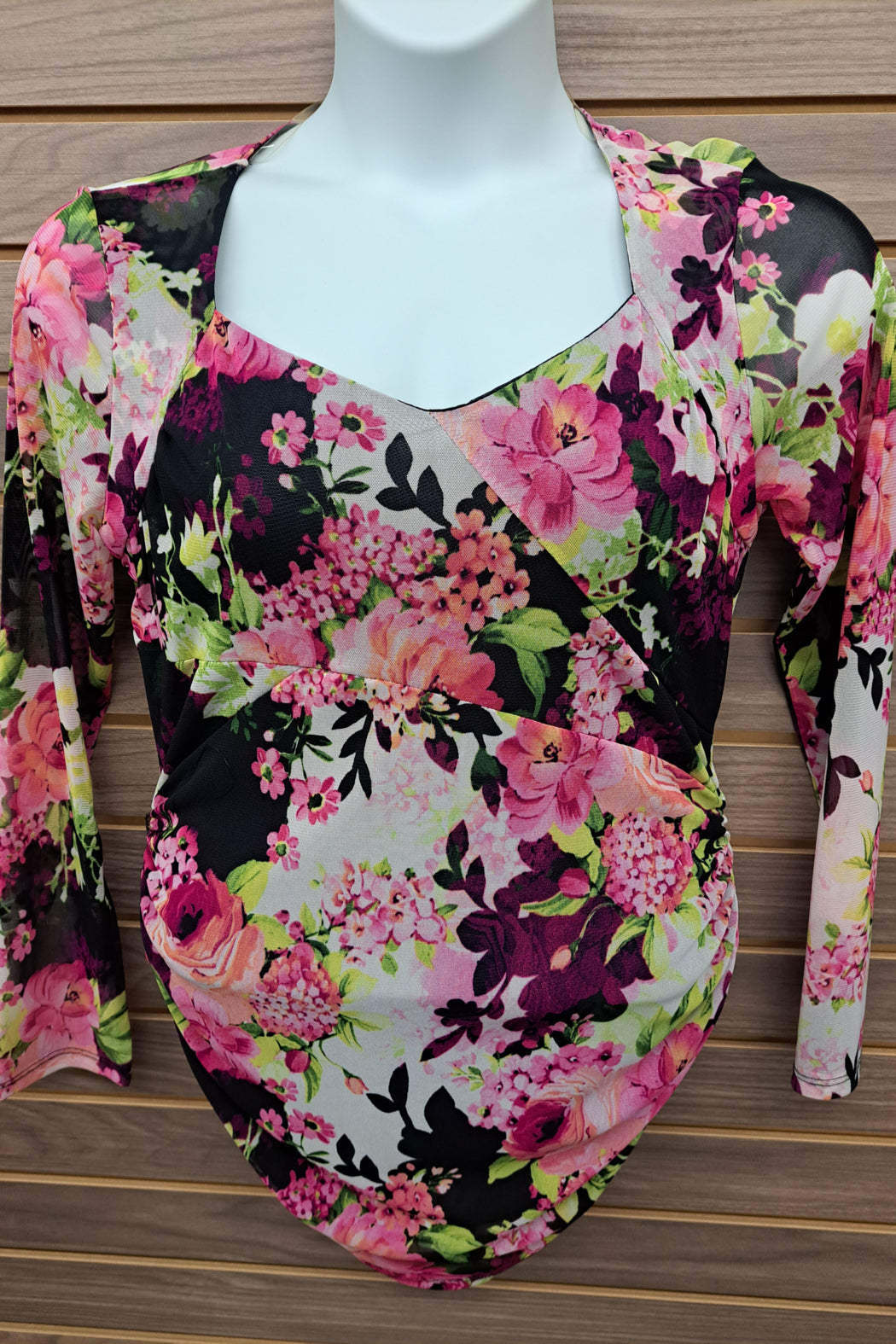 Blk Pink floral mesh long sleeved