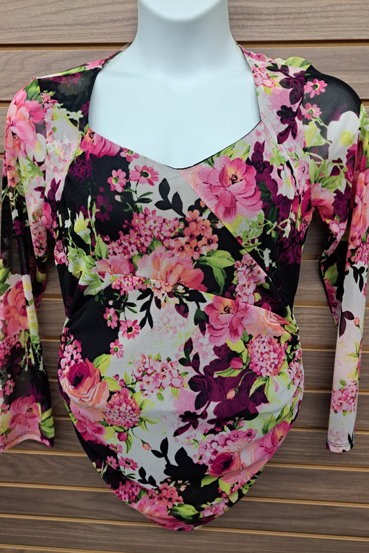 Blk Pink floral mesh long sleeved