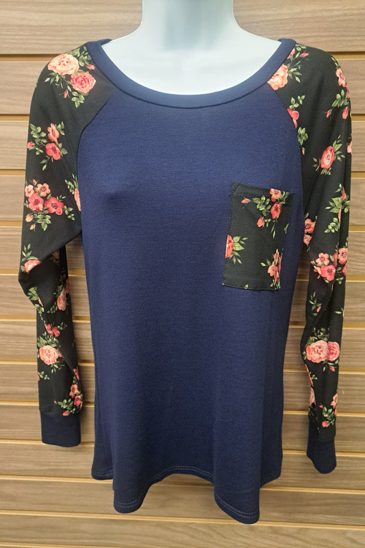 Blue black floral pocket LS top