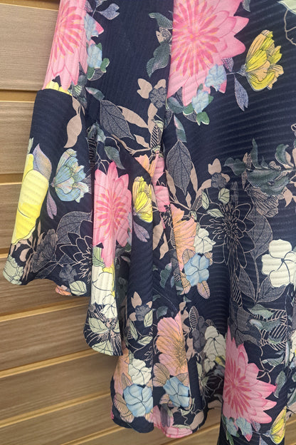 Blue floral bell sleeve back tie top