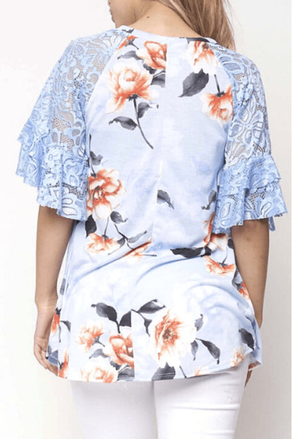 Blue Floral Lace Sleeve Top