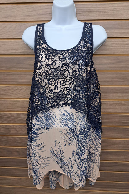 Blue floral lace tie back long tank