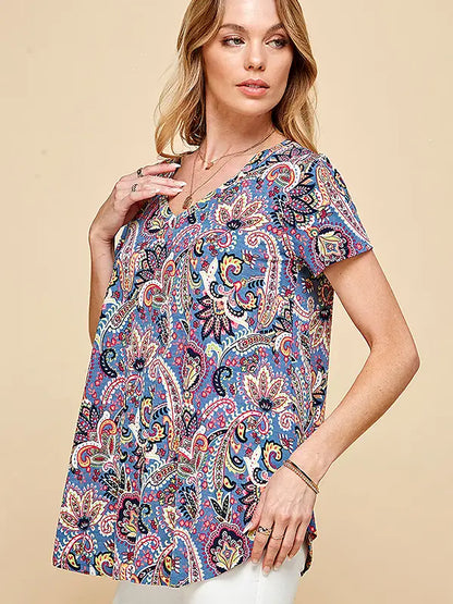 Blue Women Short Sleeve Paisley Top