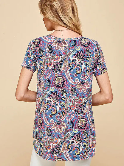 Blue Women Short Sleeve Paisley Top