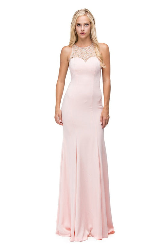 Blush Jeweled Halter Long Formal Dress