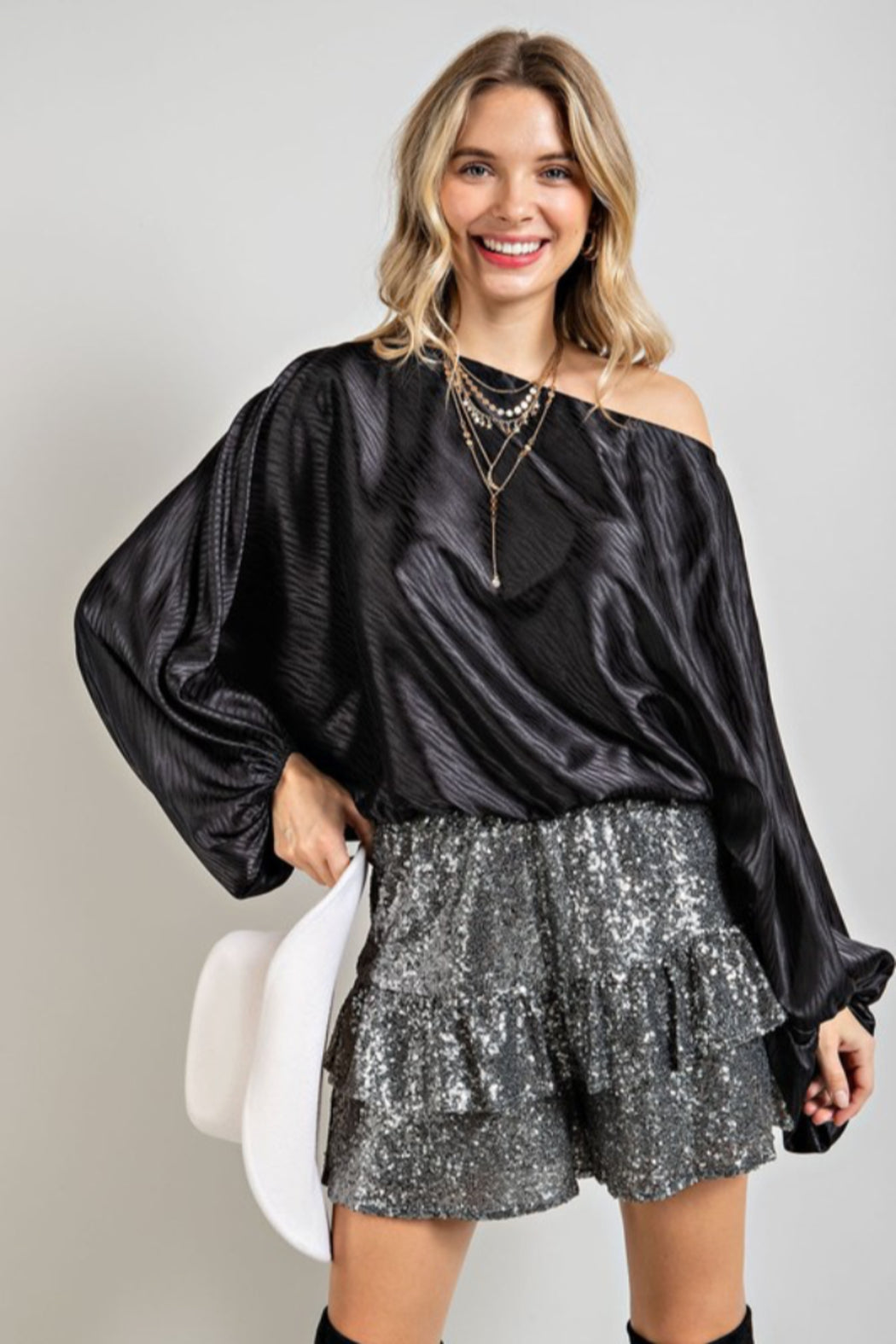 Boat Neck Top with Volume Sleeve