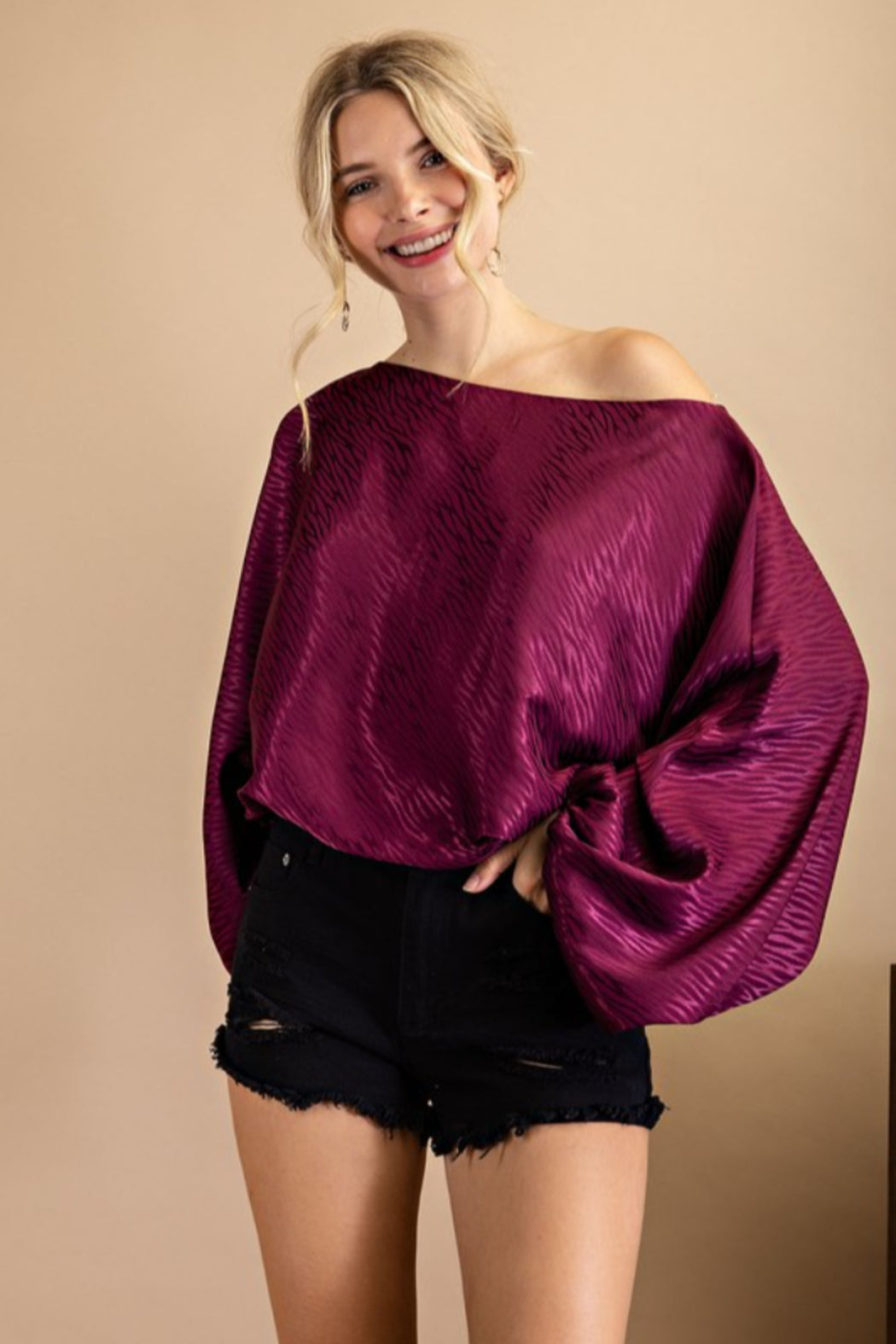 Boat Neck Top with Volume Sleeve