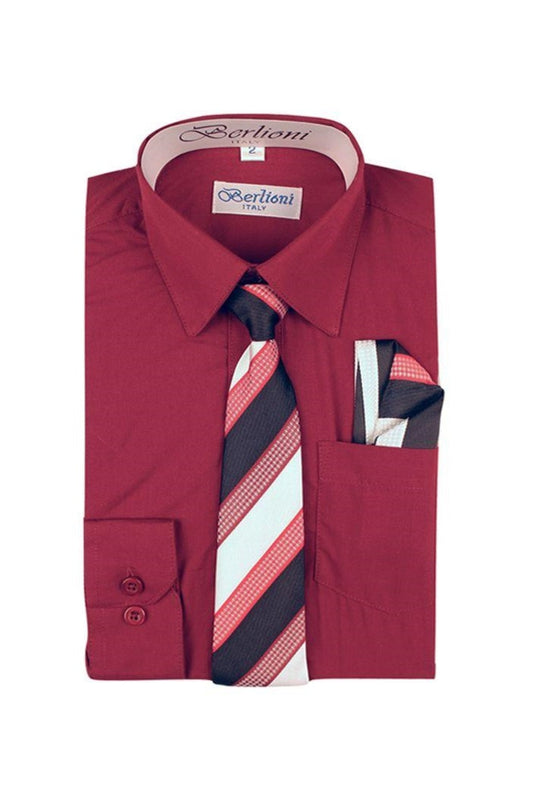 Boys Burgundy Dress Shirt Tie & Hanky Set