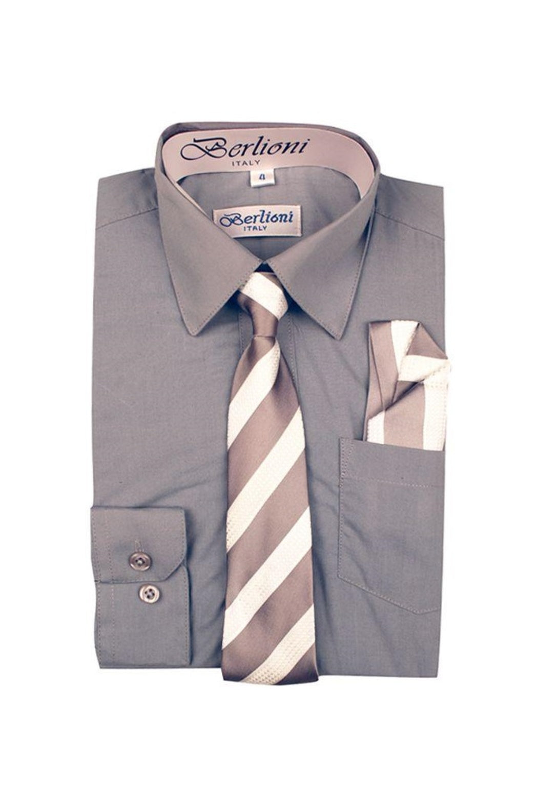 Boys Gray Dress Shirt Tie & Hanky Set