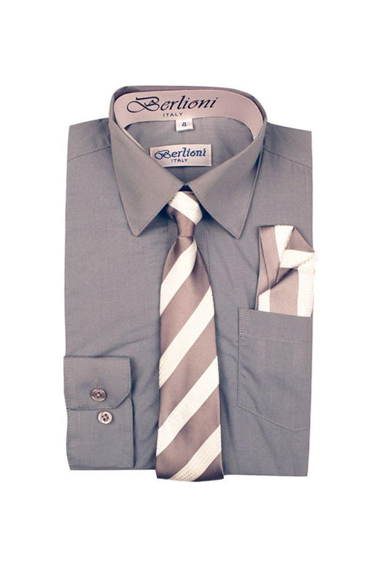 Boys Gray Dress Shirt Tie & Hanky Set