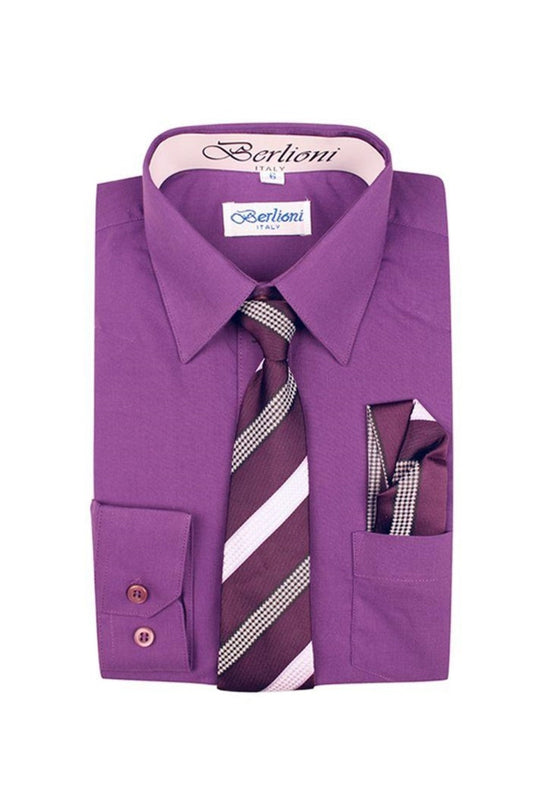 Boys Purple Dress Shirt Tie & Hanky Set