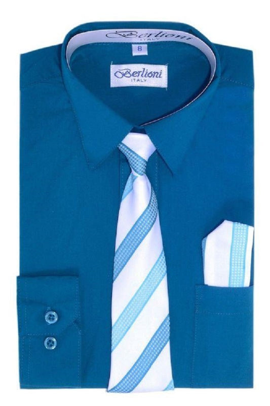 Boys Teal Dress Shirt Tie & Hanky Set