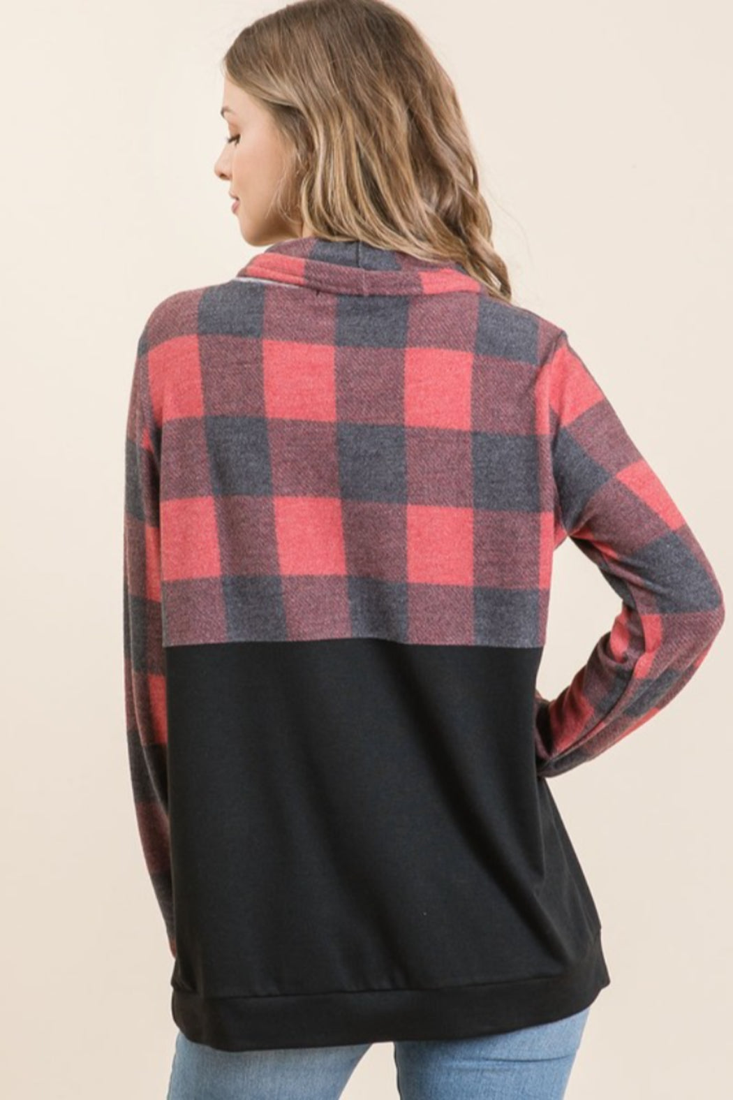 BRUSHED CHECK PLAID COWL NECK TOP