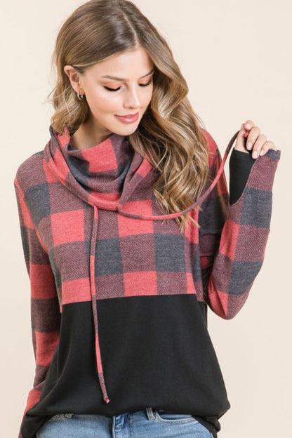 BRUSHED CHECK PLAID COWL NECK TOP