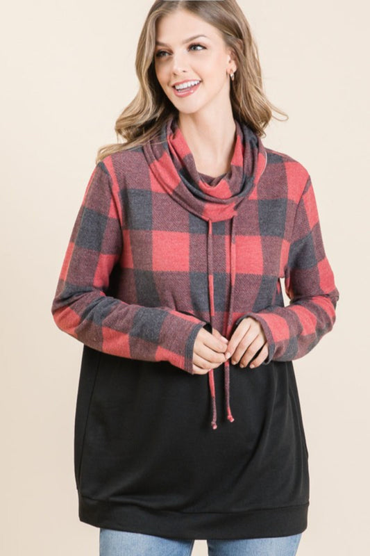 BRUSHED CHECK PLAID COWL NECK TOP