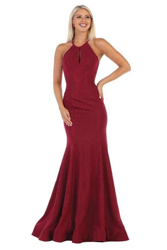 Burgundy Glitter Fit & Flare Formal Long Dress