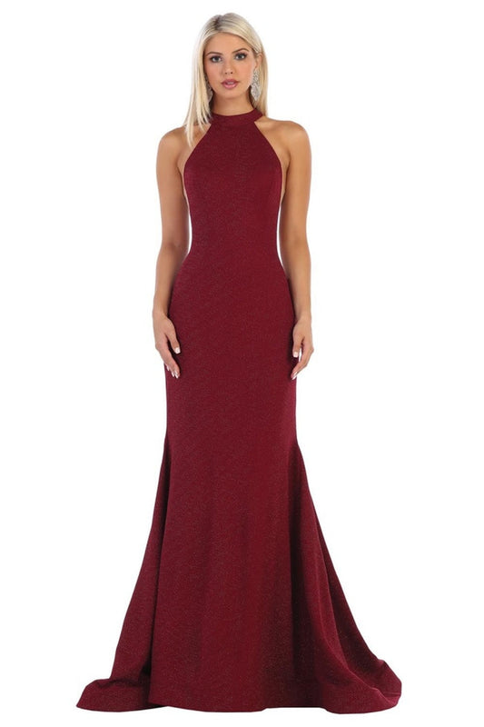 Burgundy Halter Fit & Flare Formal Long Dress