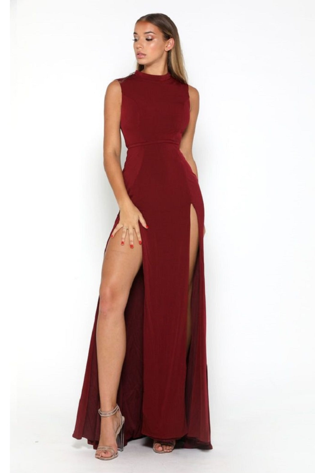 Burgundy High Neck Long Semi-Formal Dress