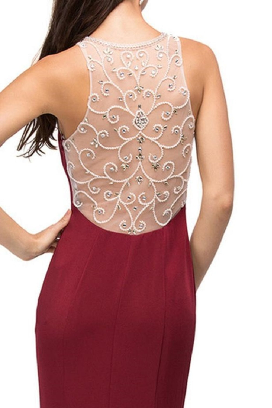 Burgundy Jeweled Halter Long Formal Dress
