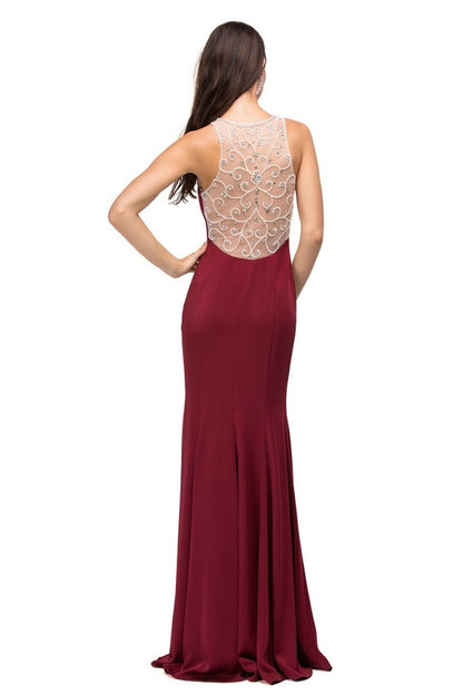 Burgundy Jeweled Halter Long Formal Dress