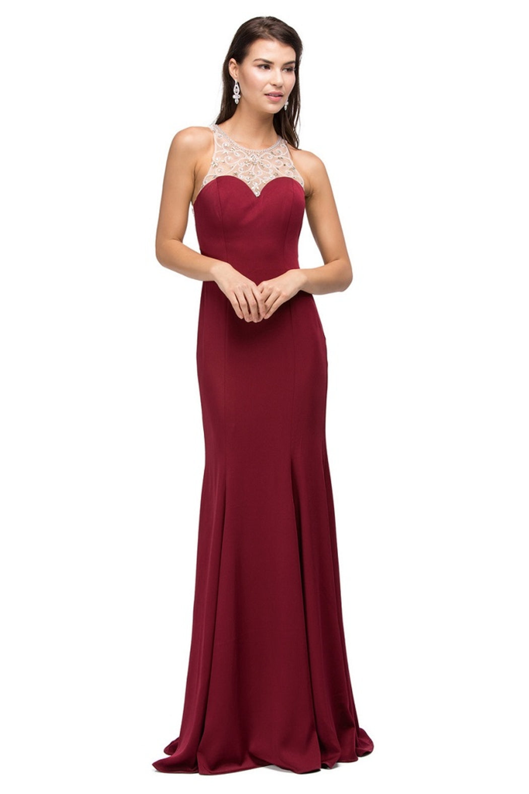Burgundy Jeweled Halter Long Formal Dress