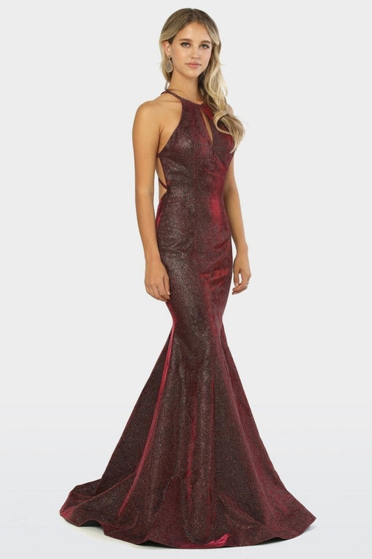Burgundy Metallic Fit & Flare Long Formal Dress