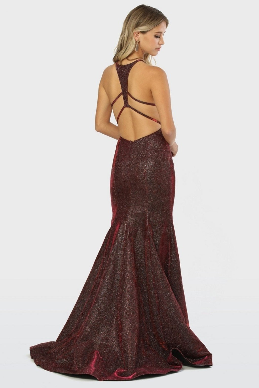 Burgundy Metallic Fit & Flare Long Formal Dress