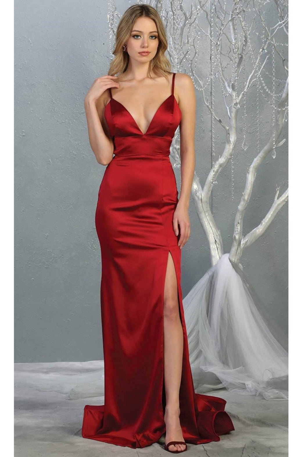 Burgundy Satin Sheath Long Formal Dress