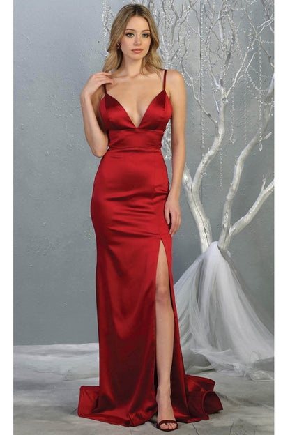 Burgundy Satin Sheath Long Formal Dress