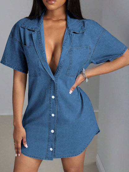 Button Down Collared Neck Denim Dress