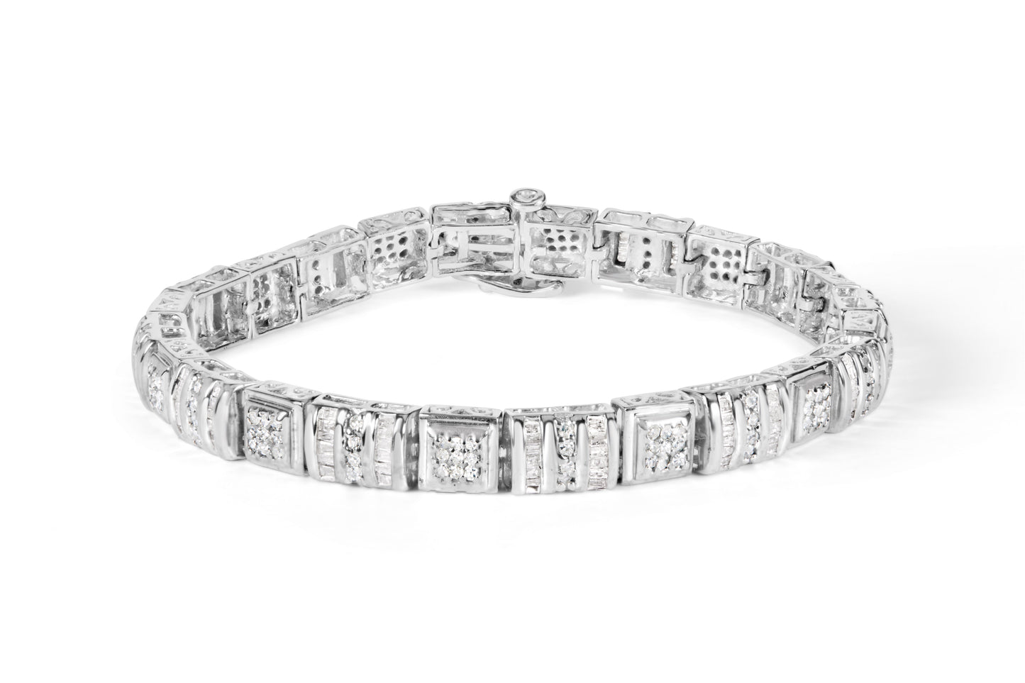 10K White Gold Round And Baguette Cut Diamond Bracelet (2.00 Cttw, H-I Color, I2-I3 Clarity)