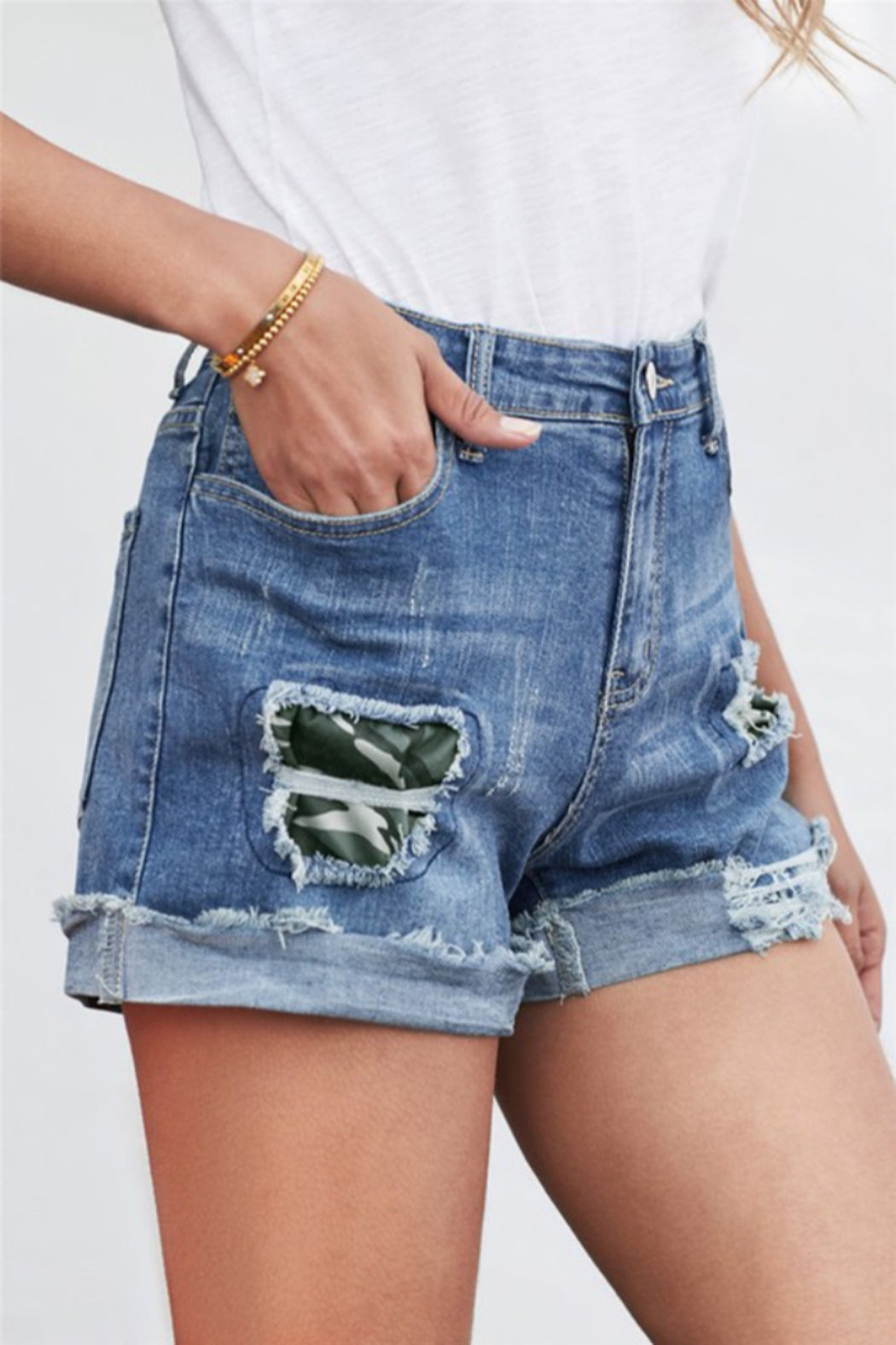 Camo Rolled Hem Denim Shorts