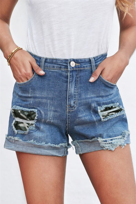 Camo Rolled Hem Denim Shorts