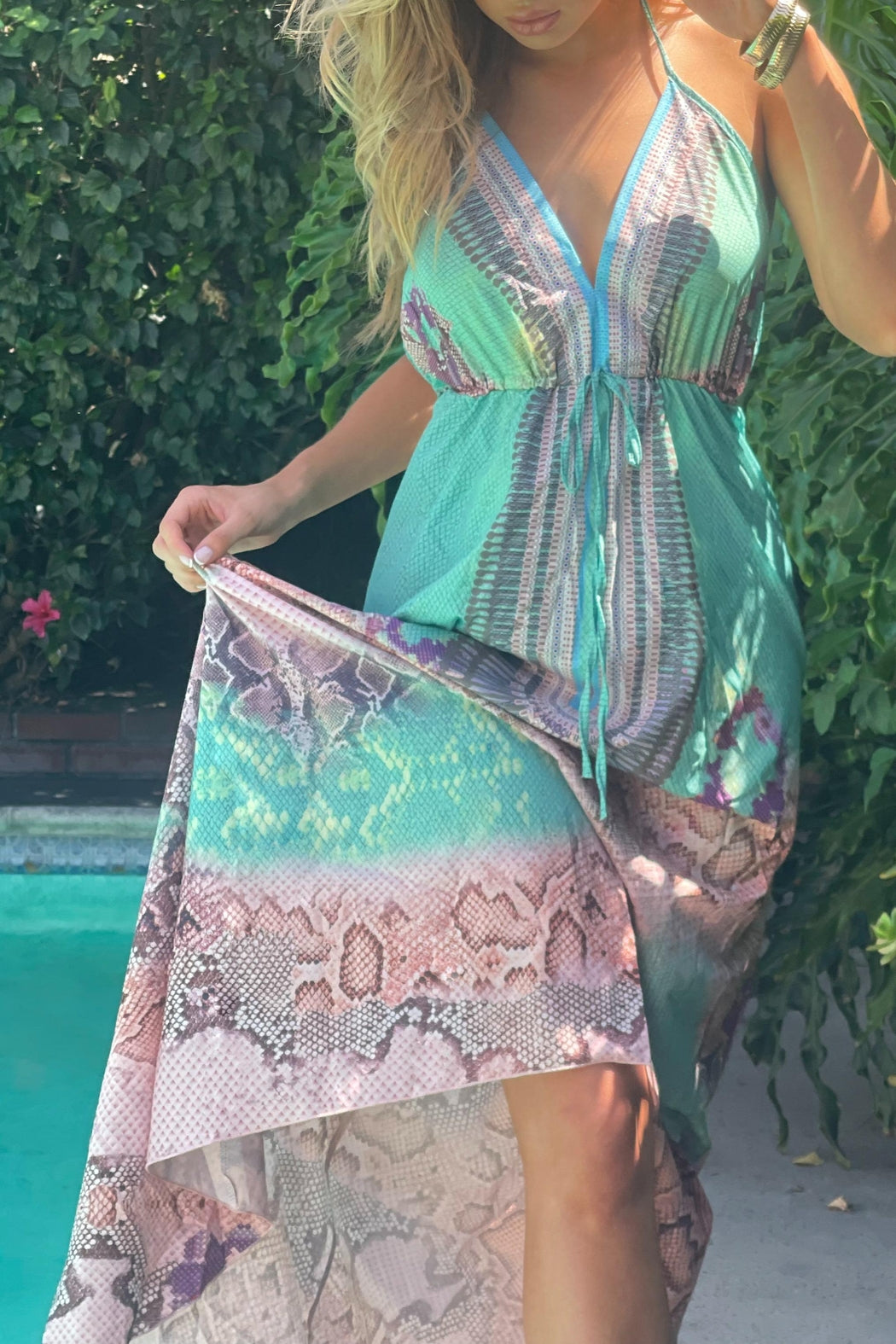 Nicole V-Neck Maxi Dress In Mint Multiprint