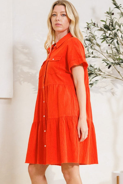 ODDI Full Size Button Front Tiered Shirt Dress