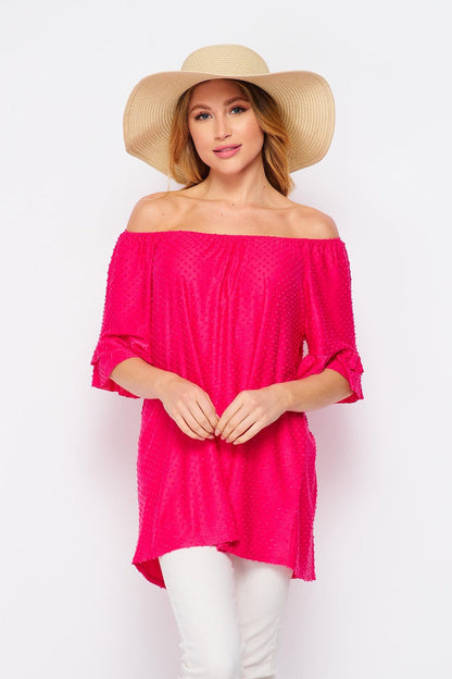 Swiss-Dot Top Ruffle-Sleeve