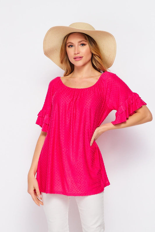 Swiss-Dot Top Ruffle-Sleeve