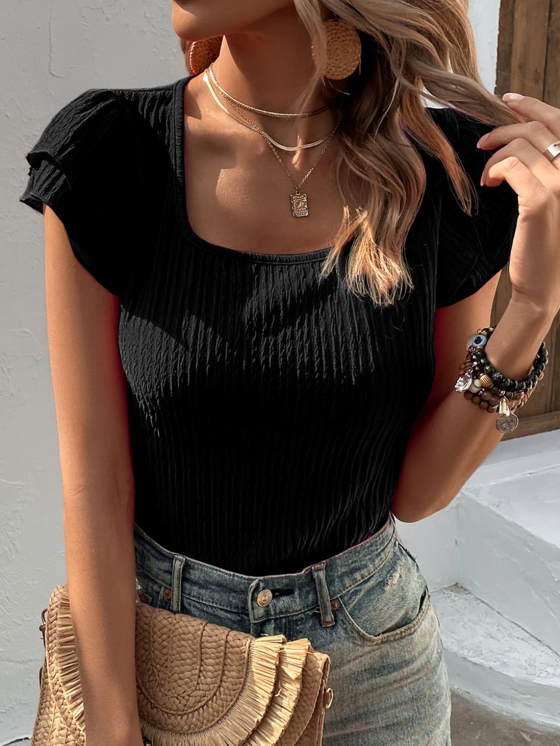 Textured Square Neck Flutter Sleeve Blouse