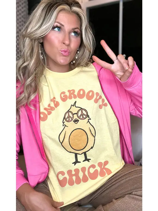 Yellow  One Groovy Chick Graphic T-Shirt