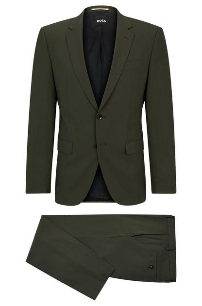 BOSS Slim Fit Suit in Wrinkle-Resistant Stretch Wool in Dark Green